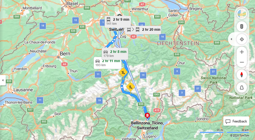 Anreise von Zurich Zu Bellinzona Über a14, E35·Toll on route