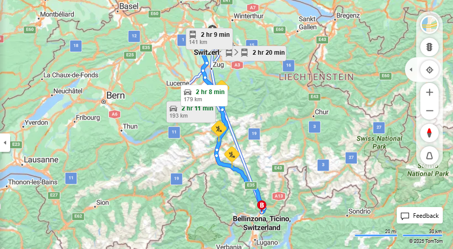 Anreise von Zurich Zu Bellinzona Über E41, E35·Toll on route