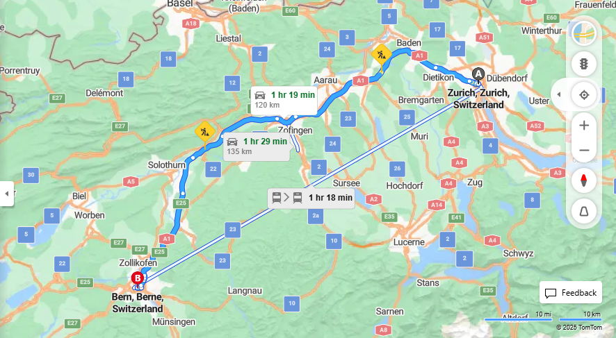 Anreise von Zurich Zu Bern Über a1, E25·Toll on route