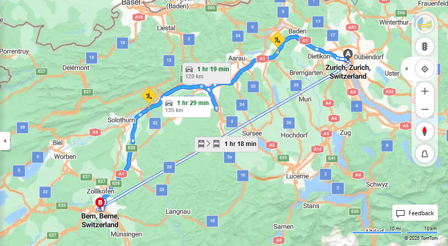Anreise von Zurich Zu Bern Über Hardturmstrasse, E25·Toll on route