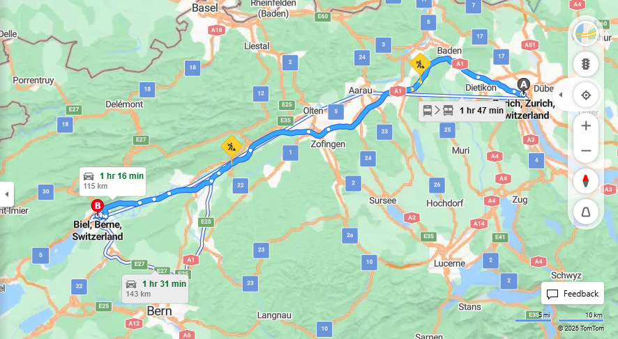 Anreise von Zurich Zu Biel/Bienne Über a1, A5·Toll on route