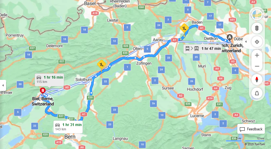 Anreise von Zurich Zu Biel/Bienne Über a1, E25·Toll on route