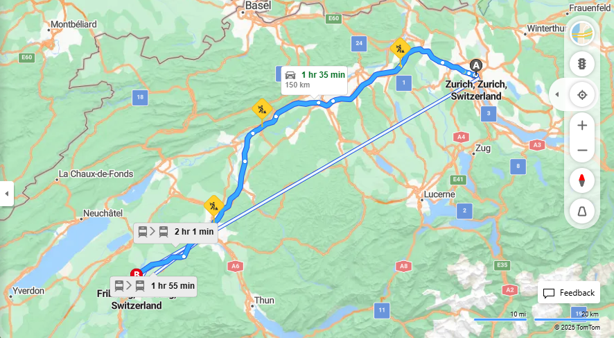 Anreise von Zurich Zu Fribourg Über a1, E25·Toll on route