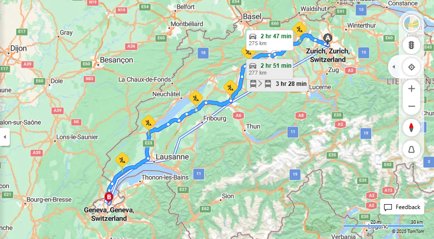 Anreise von Zurich Zu Geneva Über a1, E25·Toll on route