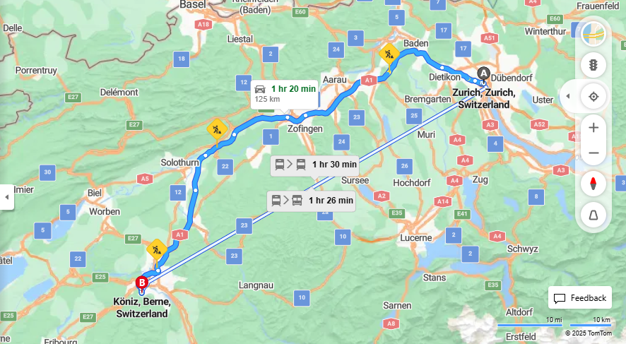 Anreise von Zurich Zu Köniz Über a1, E25·Toll on route