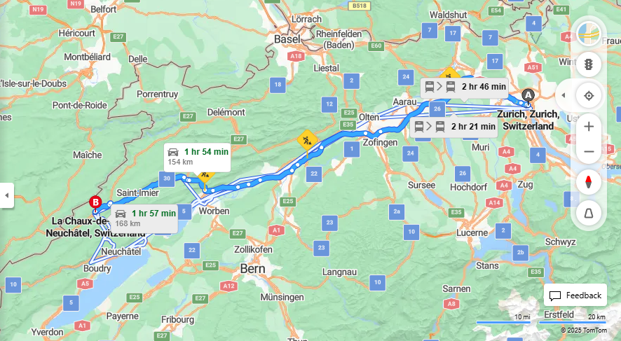 Anreise von Zurich Zu La Chaux-de-Fonds Über a1, 30·Toll on route