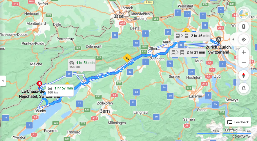 Anreise von Zurich Zu La Chaux-de-Fonds Über A5·Toll on route
