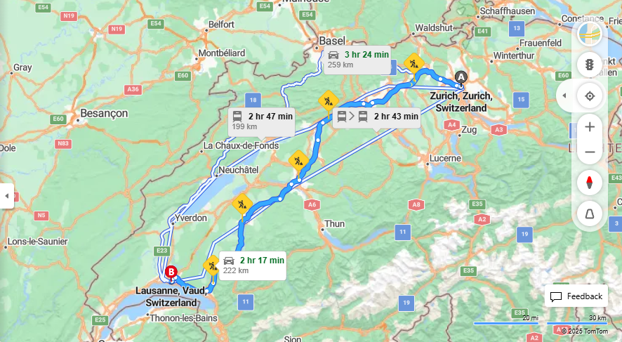 Anreise von Zurich Zu Lausanne Über E25, e27·Toll on route