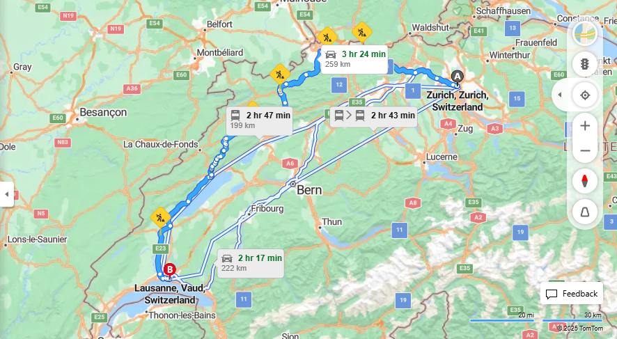Anreise von Zurich Zu Lausanne Über E60, A5·Toll on route