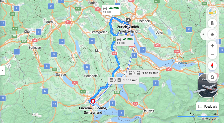 Anreise von Zurich Zu Lucerne Über A1H, E41·Toll on route