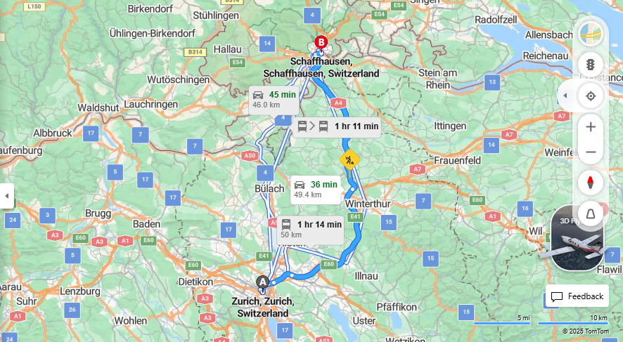 Anreise von Zurich Zu Schaffhausen Über E41, E60·Toll on route