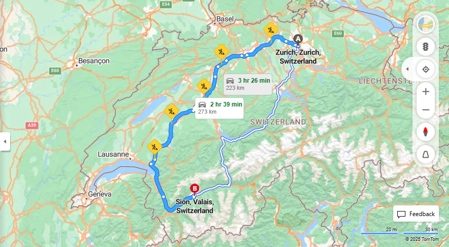 Anreise von Zurich Zu Sion Über E25, e27·Toll on route
