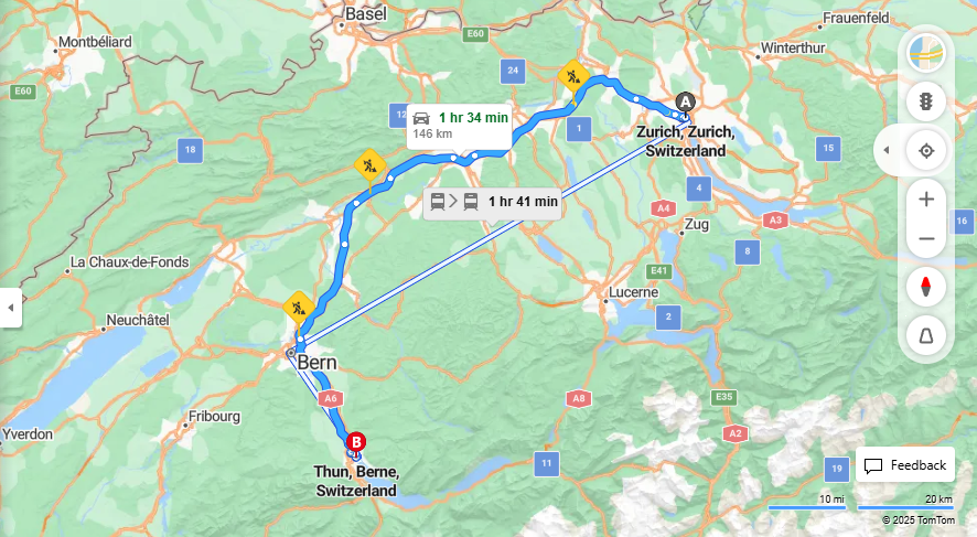 Anreise von Zurich Zu Thun Über a1, E25·Toll on route