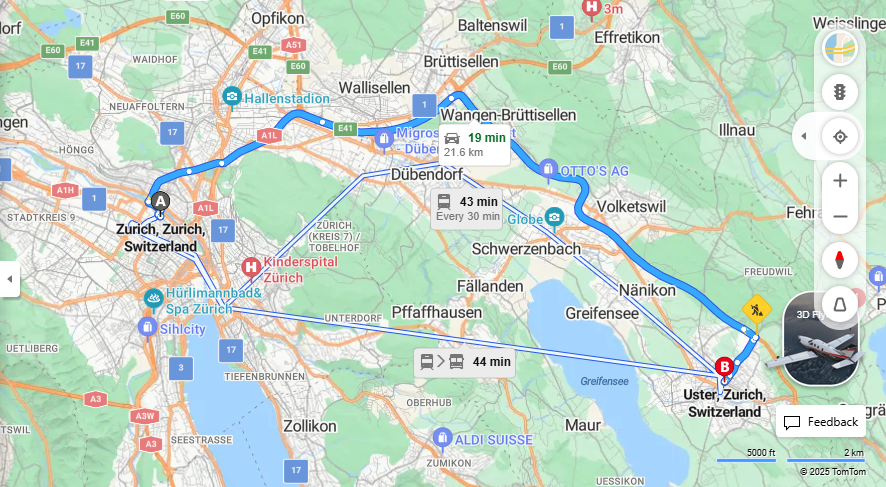 Anreise von Zurich Zu Uster Über E41, a15·Toll on route