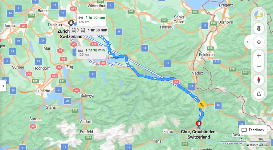 Anreise von Zurich Zu Chur Über a15, a3·Toll on route