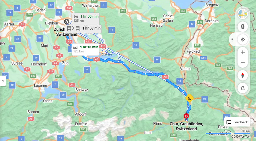 Anreise von Zurich Zu Chur Über a3, E43·Toll on route