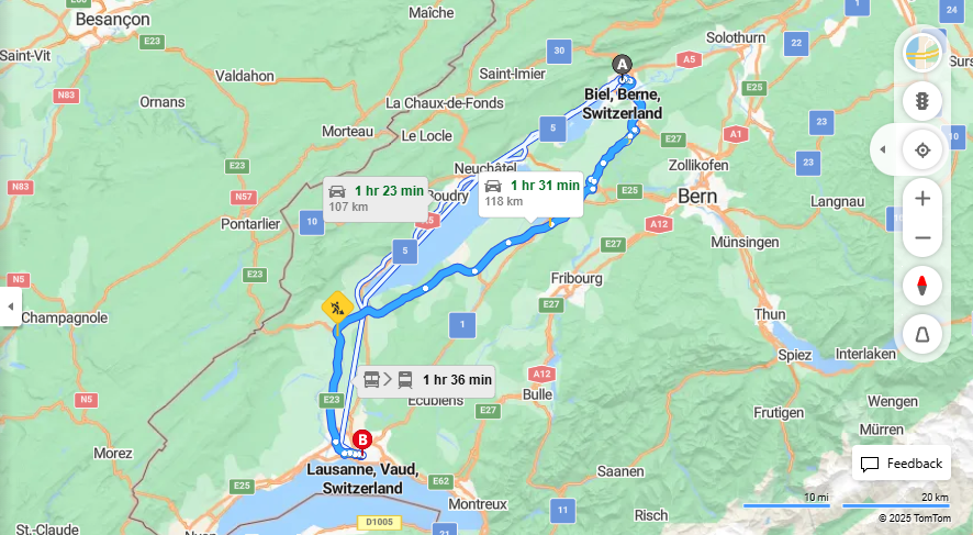 Anreise von Biel/Bienne Zu Lausanne Über 22, E25·Toll on route