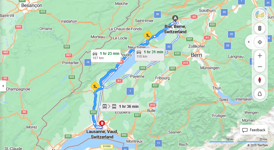 Anreise von Biel/Bienne Zu Lausanne Über A5, E25·Toll on route