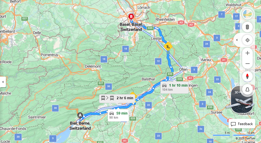 Anreise von Biel/Bienne Zu Basel Über A5, E25·Toll on route