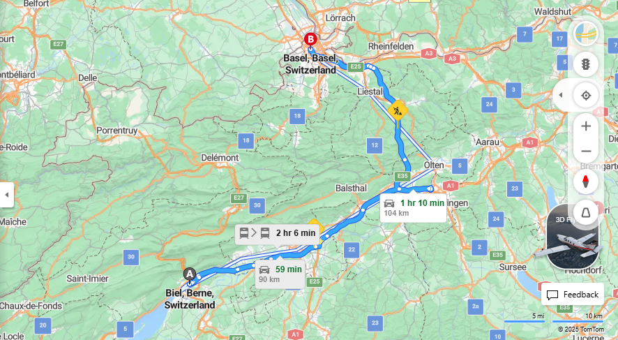 Anreise von Biel/Bienne Zu Basel Über E25, a1·Toll on route