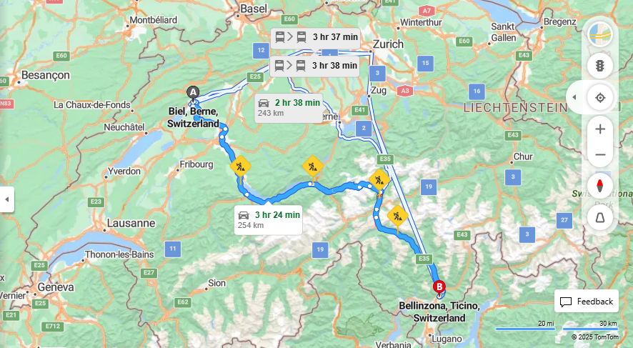 Anreise von Biel/Bienne Zu Bellinzona Über 11, E35·Toll on route