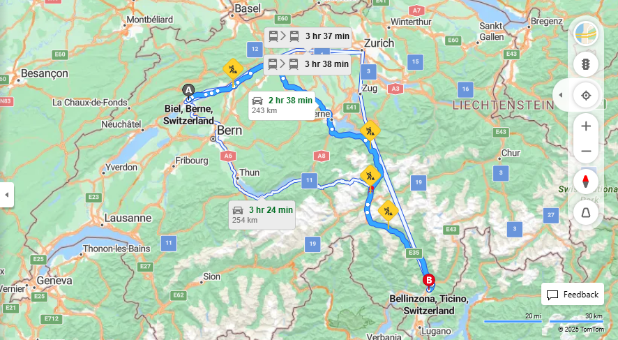 Anreise von Biel/Bienne Zu Bellinzona Über A5, E35·Toll on route