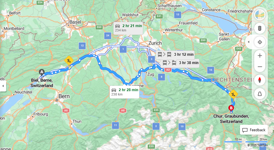 Anreise von Biel/Bienne Zu Chur Über a14, a3·Toll on route