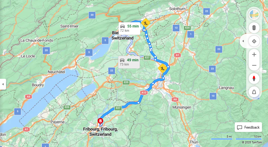 Anreise von Biel/Bienne Zu Fribourg Über A5, e27·Toll on route