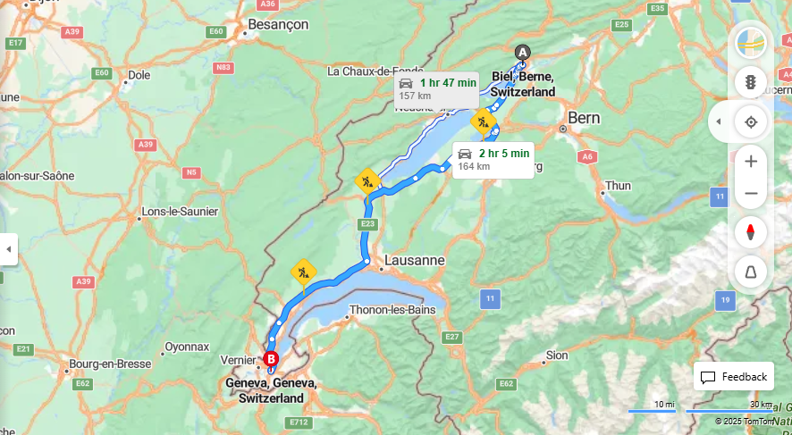 Anreise von Biel/Bienne Zu Geneva Über 20, E25·Toll on route