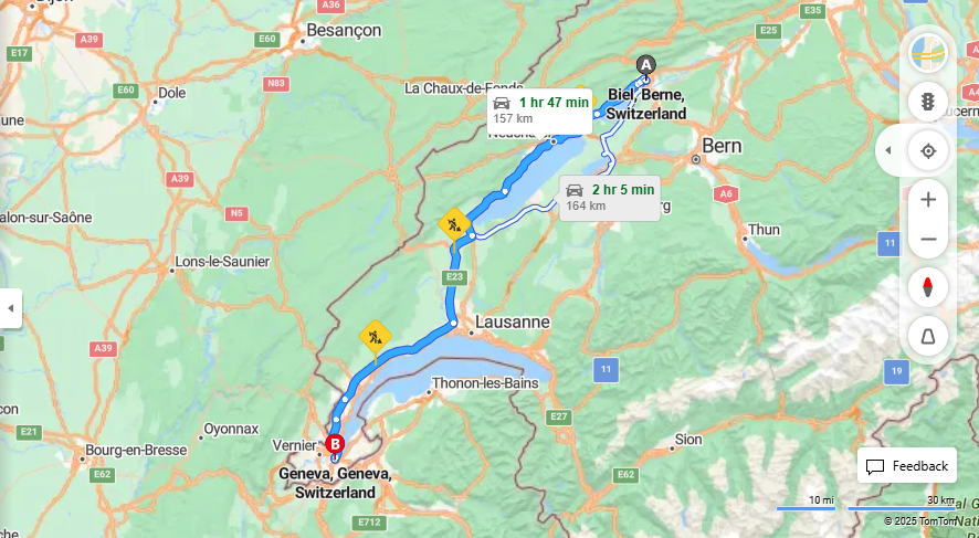 Anreise von Biel/Bienne Zu Geneva Über A5, E25·Toll on route