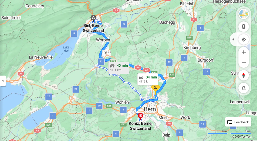 Anreise von Biel/Bienne Zu Köniz Über e27, E25·Toll on route
