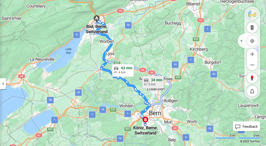Anreise von Biel/Bienne Zu Köniz Über e27, Meikirchstrasse·Toll on route