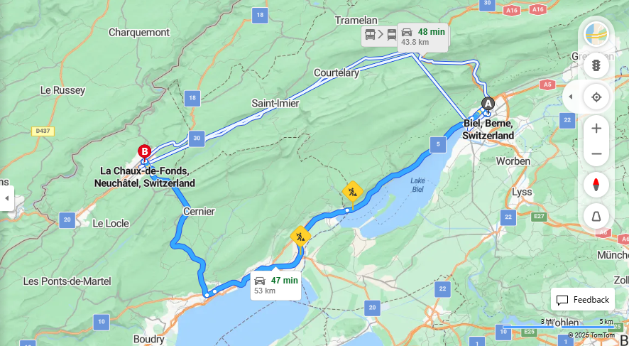 Anreise von Biel/Bienne Zu La Chaux-de-Fonds Über A5, 20·Toll on route