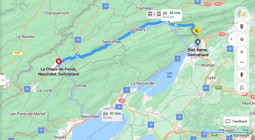 Anreise von Biel/Bienne Zu La Chaux-de-Fonds Über e27, 30·Toll on route