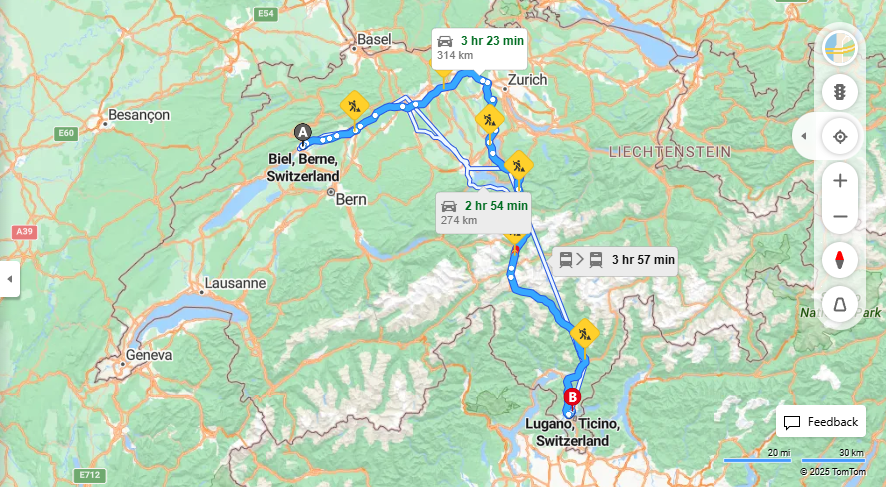 Anreise von Biel/Bienne Zu Lugano Über E35, E41·Toll on route