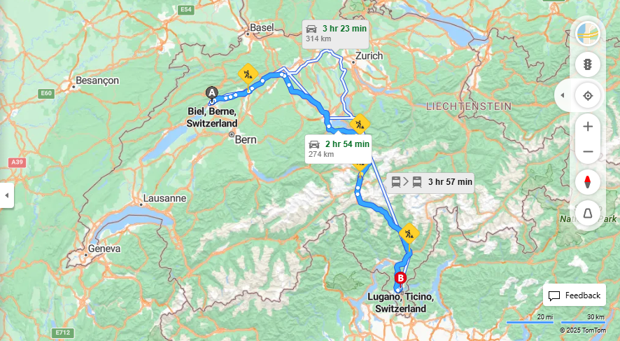 Anreise von Biel/Bienne Zu Lugano Über E35·Toll on route