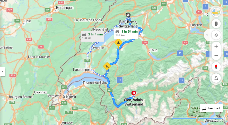 Anreise von Biel/Bienne Zu Sion Über e27, E62·Toll on route
