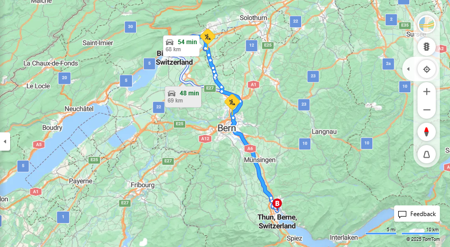 Anreise von Biel/Bienne Zu Thun Über A5, A6·Toll on route