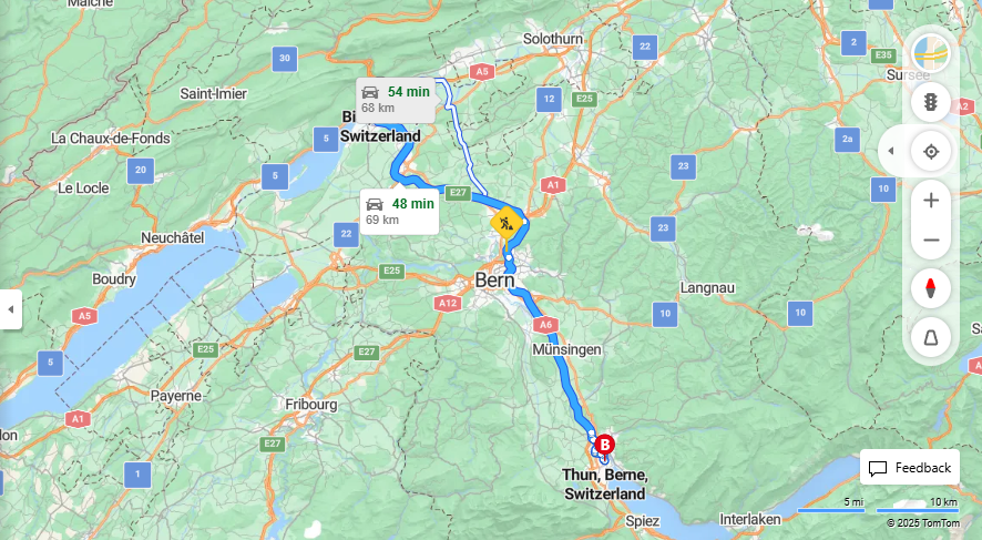 Anreise von Biel/Bienne Zu Thun Über e27, A6·Toll on route