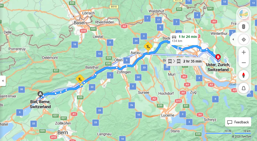 Anreise von Biel/Bienne Zu Uster Über a1, E60·Toll on route