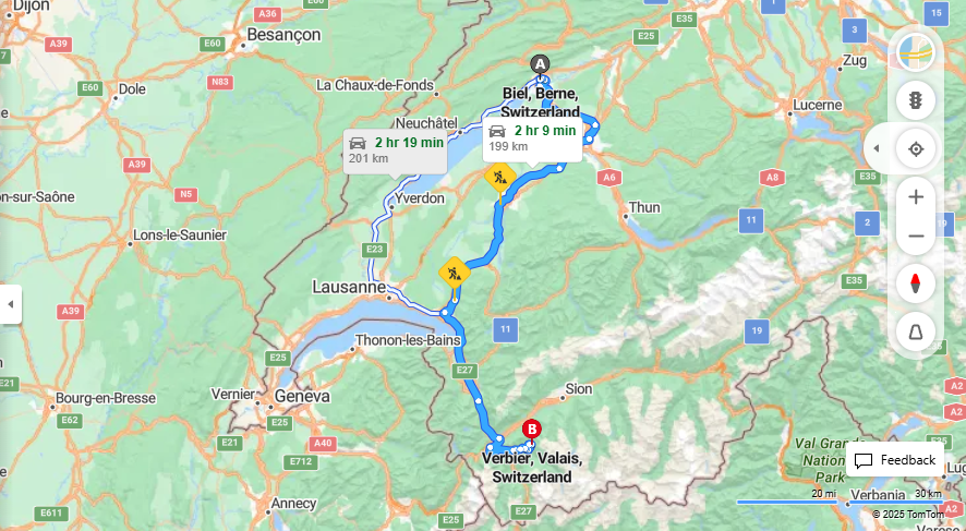 Anreise von Biel/Bienne Zu Vernier Über e27, E62·Toll on route