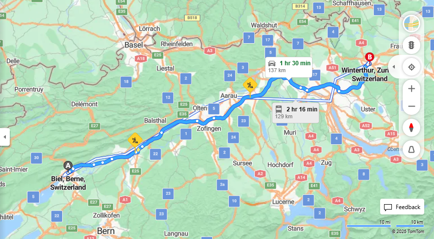 Anreise von Biel/Bienne Zu Winterthur Über a1, E60·Toll on route