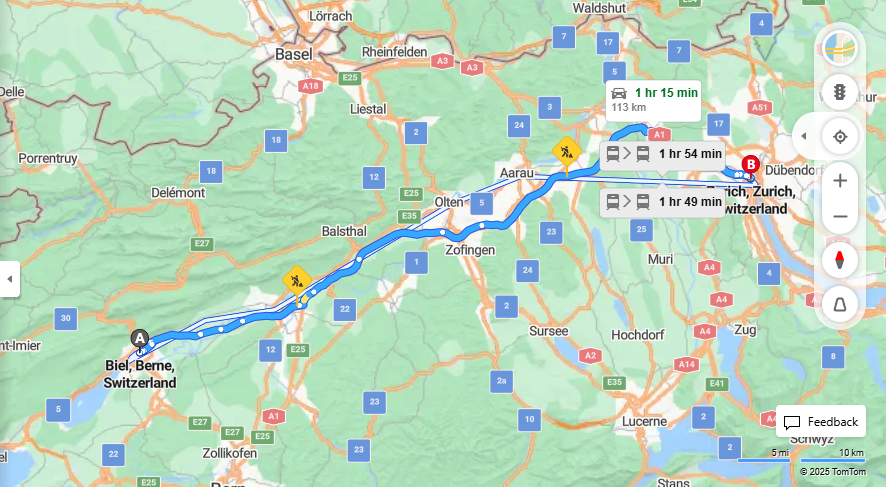Anreise von Biel/Bienne Zu Zurich Über A5, a1·Toll on route