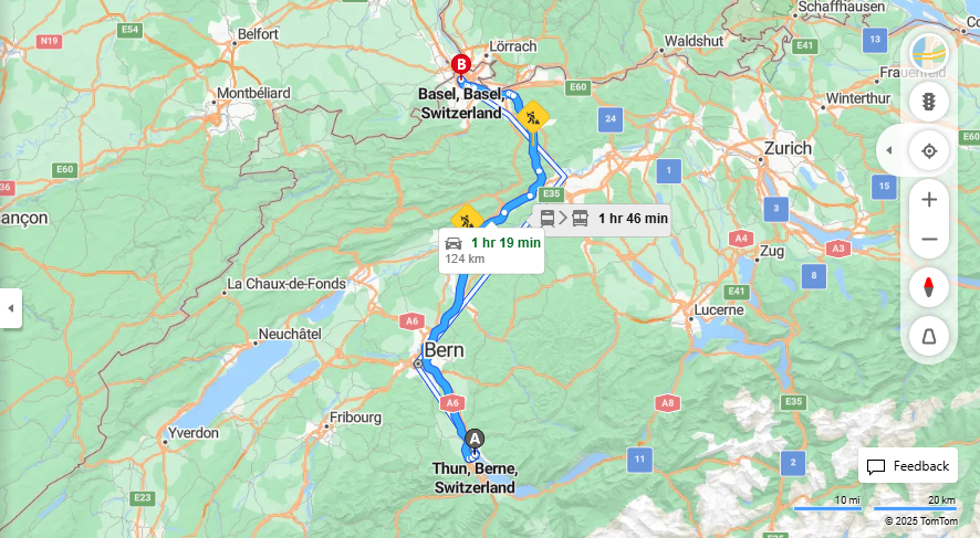 Anreise von Thun Zu Basel Über A6, E25·Toll on route