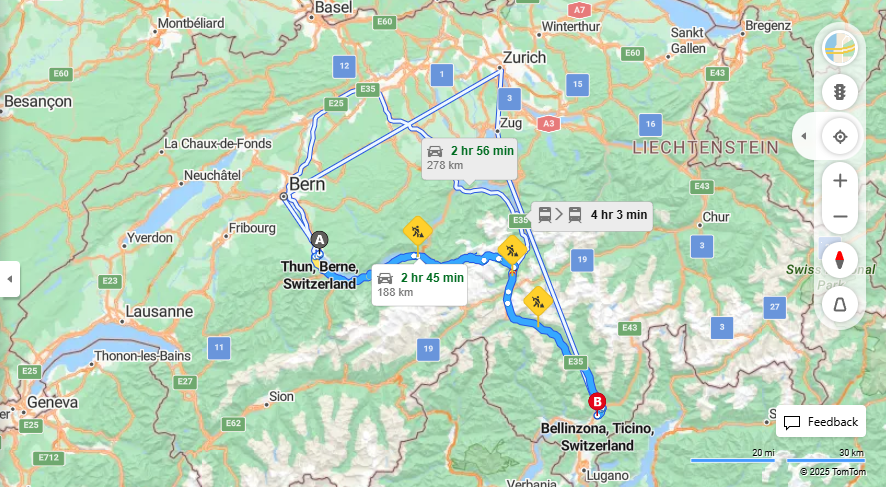 Anreise von Thun Zu Bellinzona Über 11, E35·Toll on route