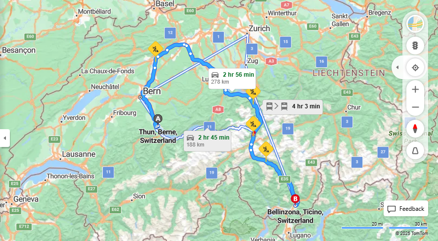 Anreise von Thun Zu Bellinzona Über E25, E35·Toll on route