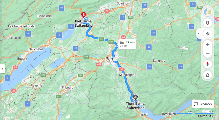 Anreise von Thun Zu Biel/Bienne Über A6, e27·Toll on route