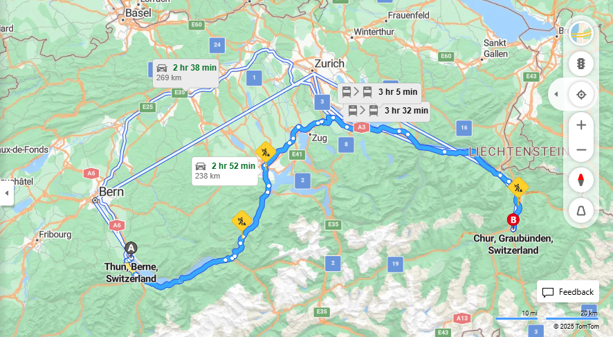 Anreise von Thun Zu Chur Über a14, a3·Toll on route