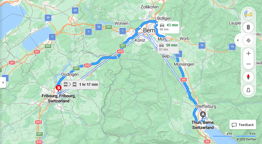 Anreise von Thun Zu Fribourg Über A6, e27·Toll on route