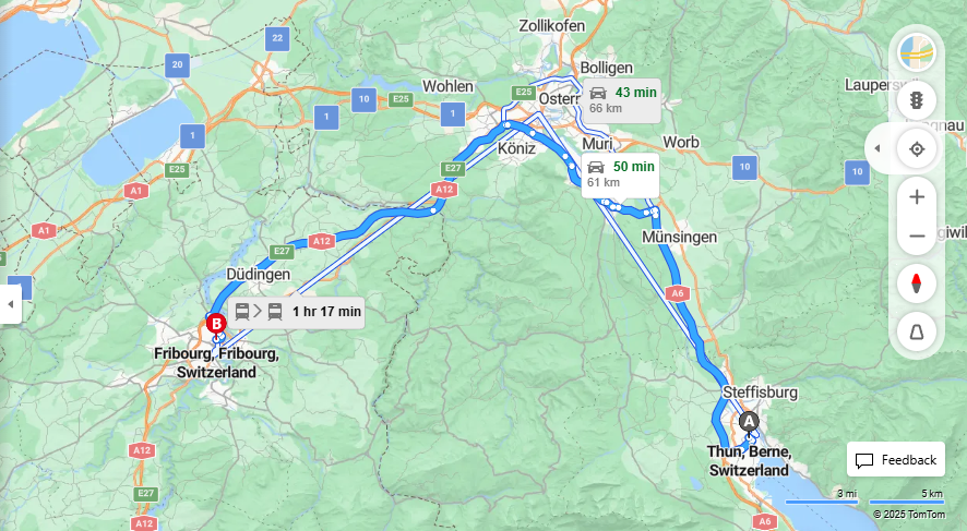 Anreise von Thun Zu Fribourg Über Viehweidstrasse, e27·Toll on route